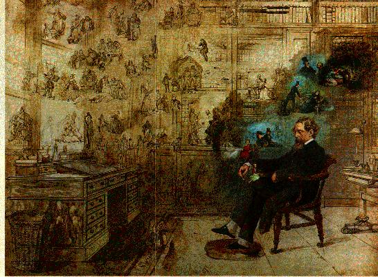 Dickens in his study, surrounded by apparitions of his characters